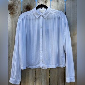 ANTHROPOLOGIE Cloth & Stone White Embroidered Stripe Button-Down Blouse | Small